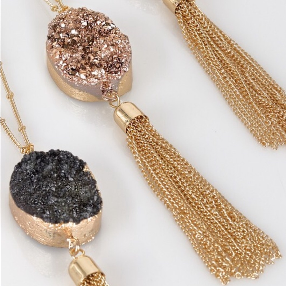 Druzy pendant necklace gold Tassel long chain - Picture 7 of 7